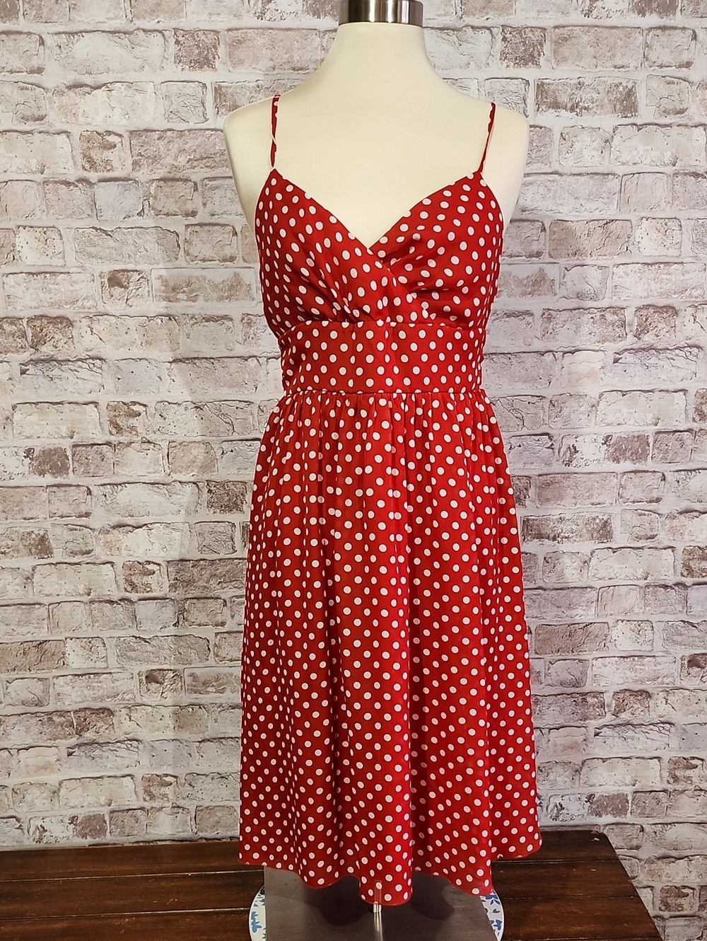 Fire Los Angeles Red Polka Dot Spaghetti Strap Midi Dress